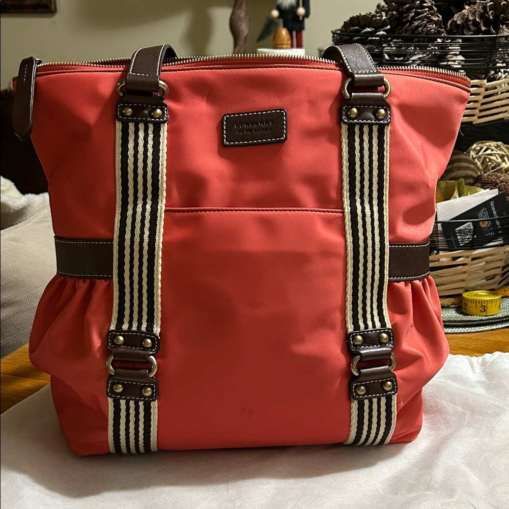 Burberry Red Tote Bag with Striped Straps
